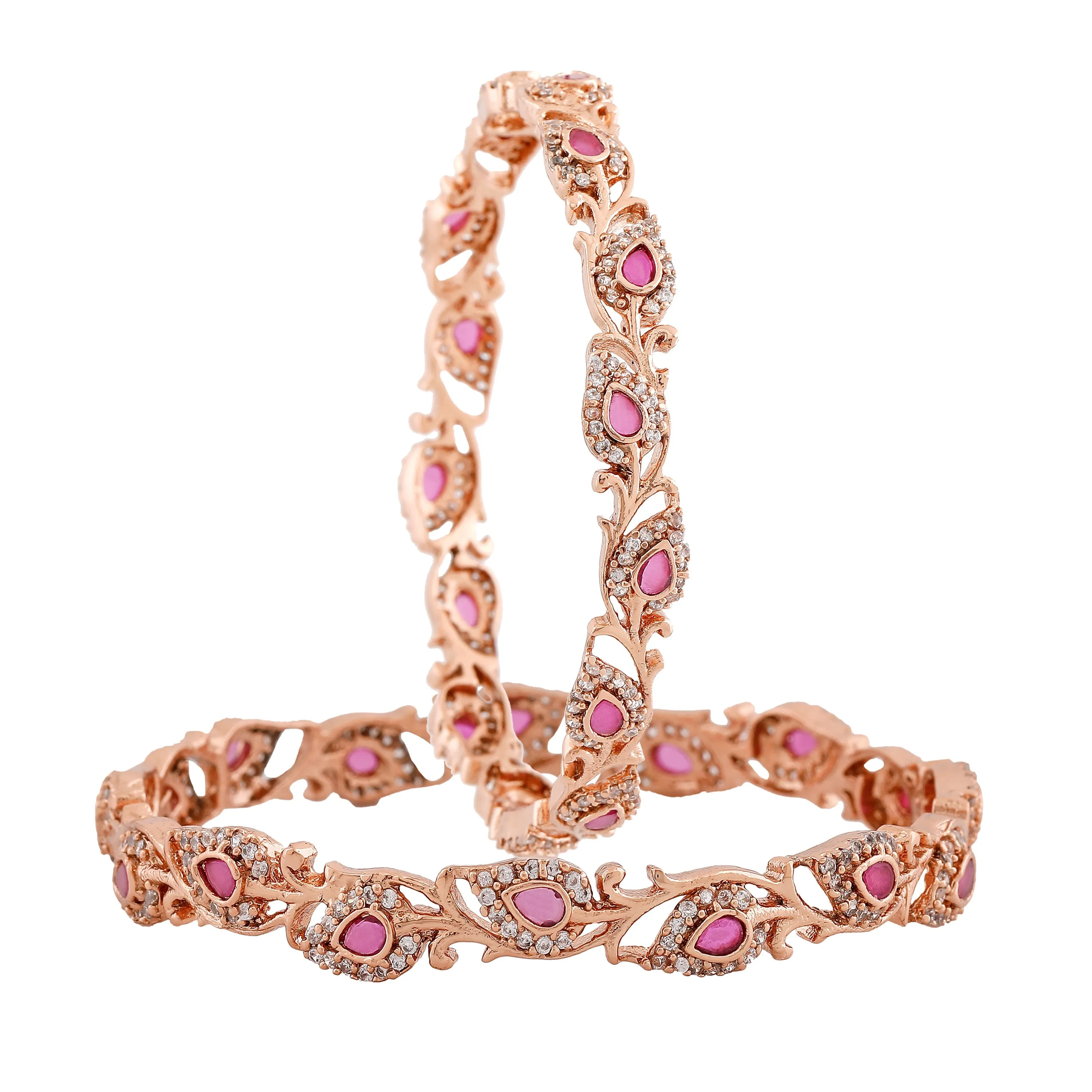 Estele Rosegold Plated Artistic Floral & Leaf Patterned 2:6 Size Bangles with Ruby Crystals| Timeless Floral Elegance for Women