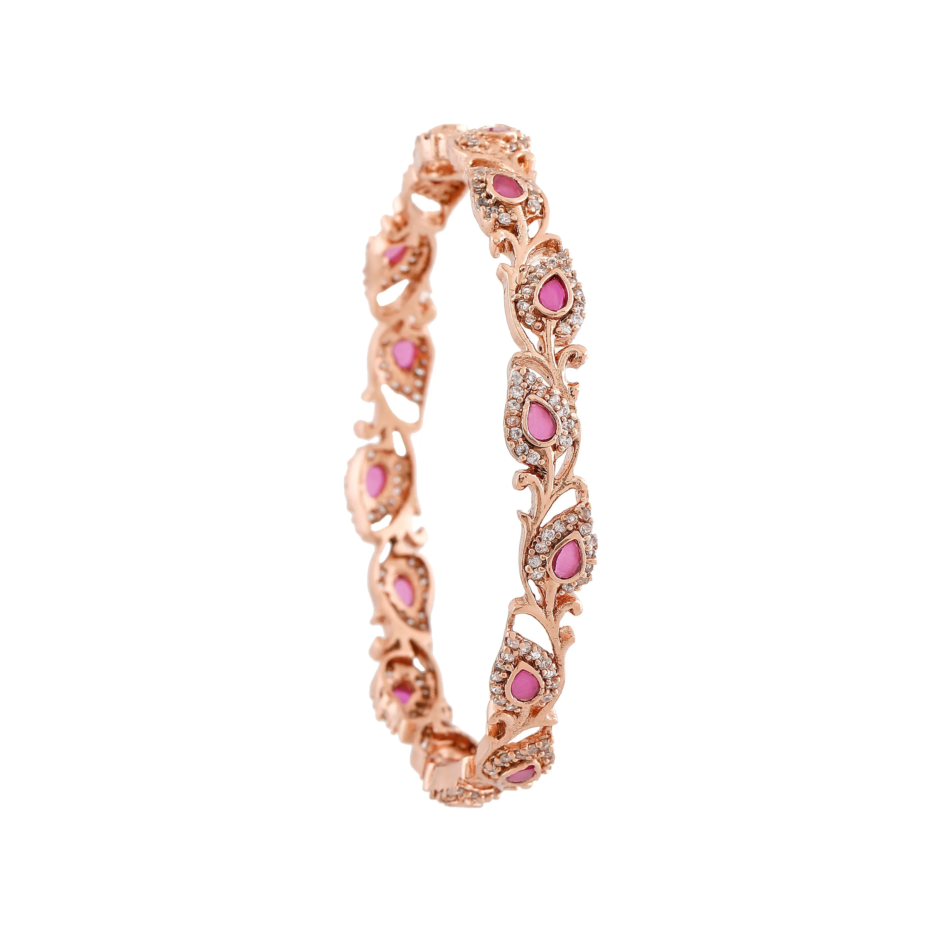 Estele Rosegold Plated Artistic Floral & Leaf Patterned 2:6 Size Bangles with Ruby Crystals| Timeless Floral Elegance for Women