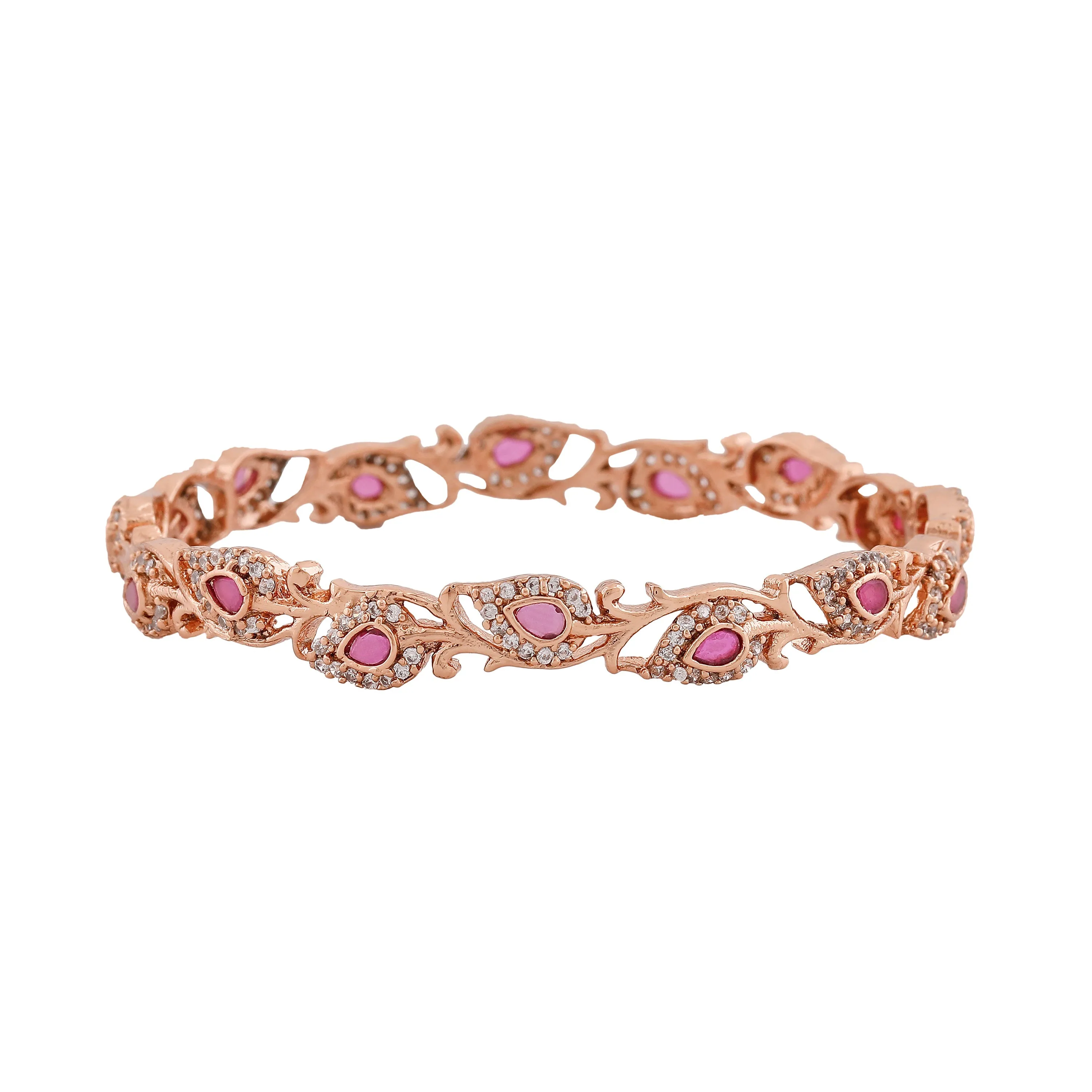Estele Rosegold Plated Artistic Floral & Leaf Patterned 2:6 Size Bangles with Ruby Crystals| Timeless Floral Elegance for Women