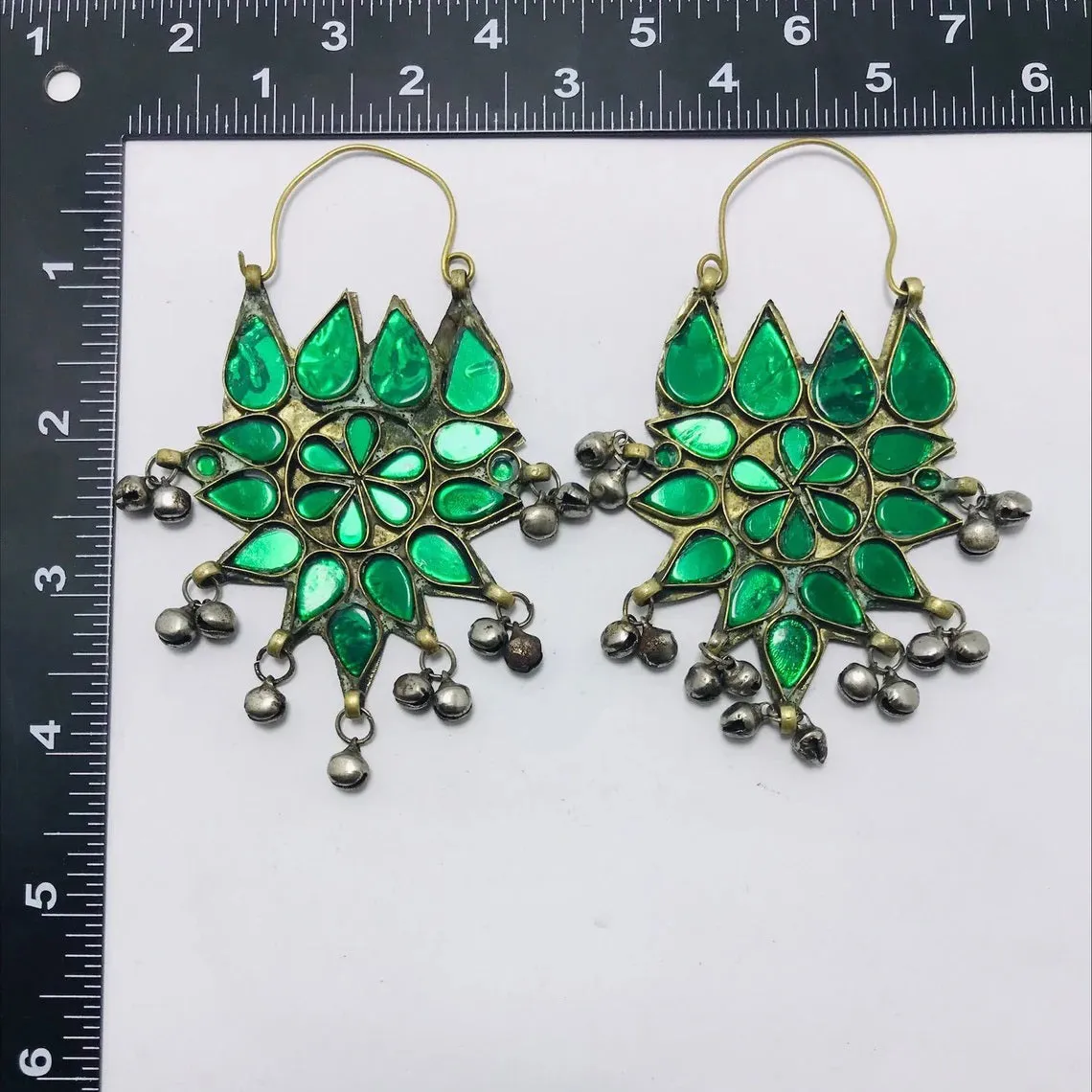 Ethnic Glass Stones Floral Earrings With Silver Bells