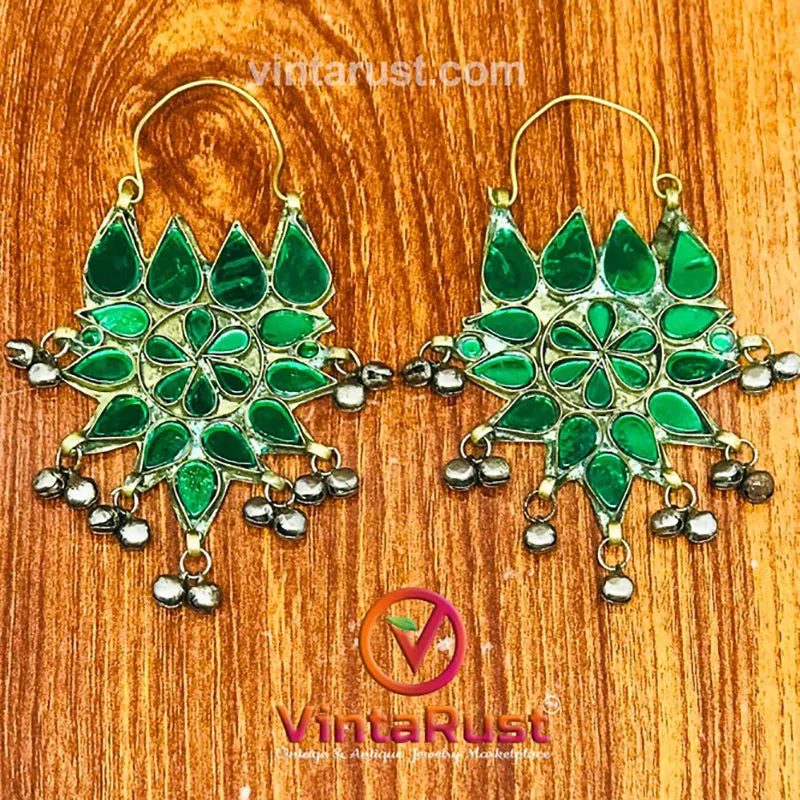 Ethnic Glass Stones Floral Earrings With Silver Bells