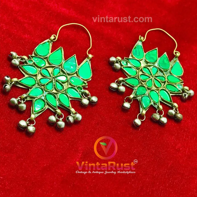 Ethnic Glass Stones Floral Earrings With Silver Bells