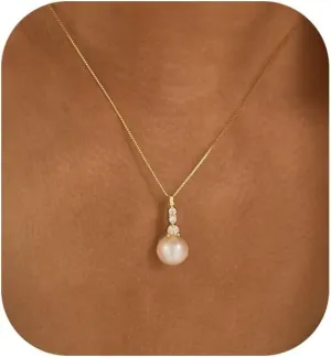 Ewrkbr Pearl Necklaces for Women, 14K Gold Plated CZ Single Pearl Pendant Necklace Dainty Gold Necklaces for Women Trendy Classic Bridal Wedding Necklace Fashion Gold Jewelry