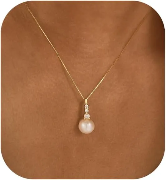 Ewrkbr Pearl Necklaces for Women, 14K Gold Plated CZ Single Pearl Pendant Necklace Dainty Gold Necklaces for Women Trendy Classic Bridal Wedding Necklace Fashion Gold Jewelry