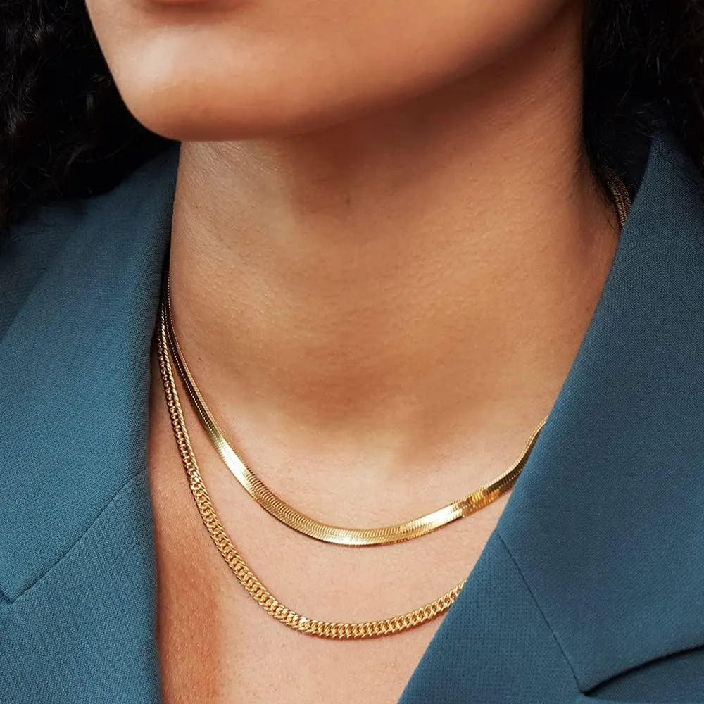 Fiusem Gold Plated Necklace for Women, 14K Gold Plated Herringbone Chain Necklaces, Snake Choker Chain for Women
