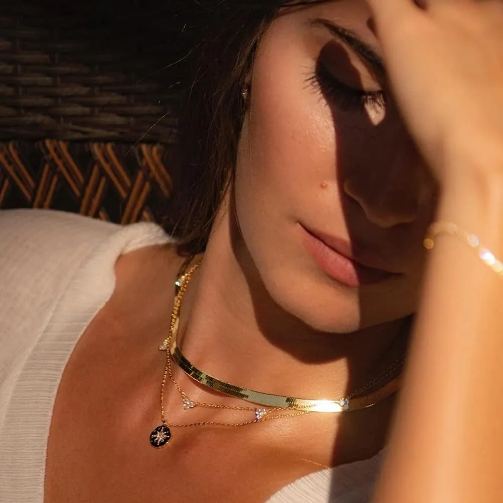 Fiusem Gold Plated Necklace for Women, 14K Gold Plated Herringbone Chain Necklaces, Snake Choker Chain for Women