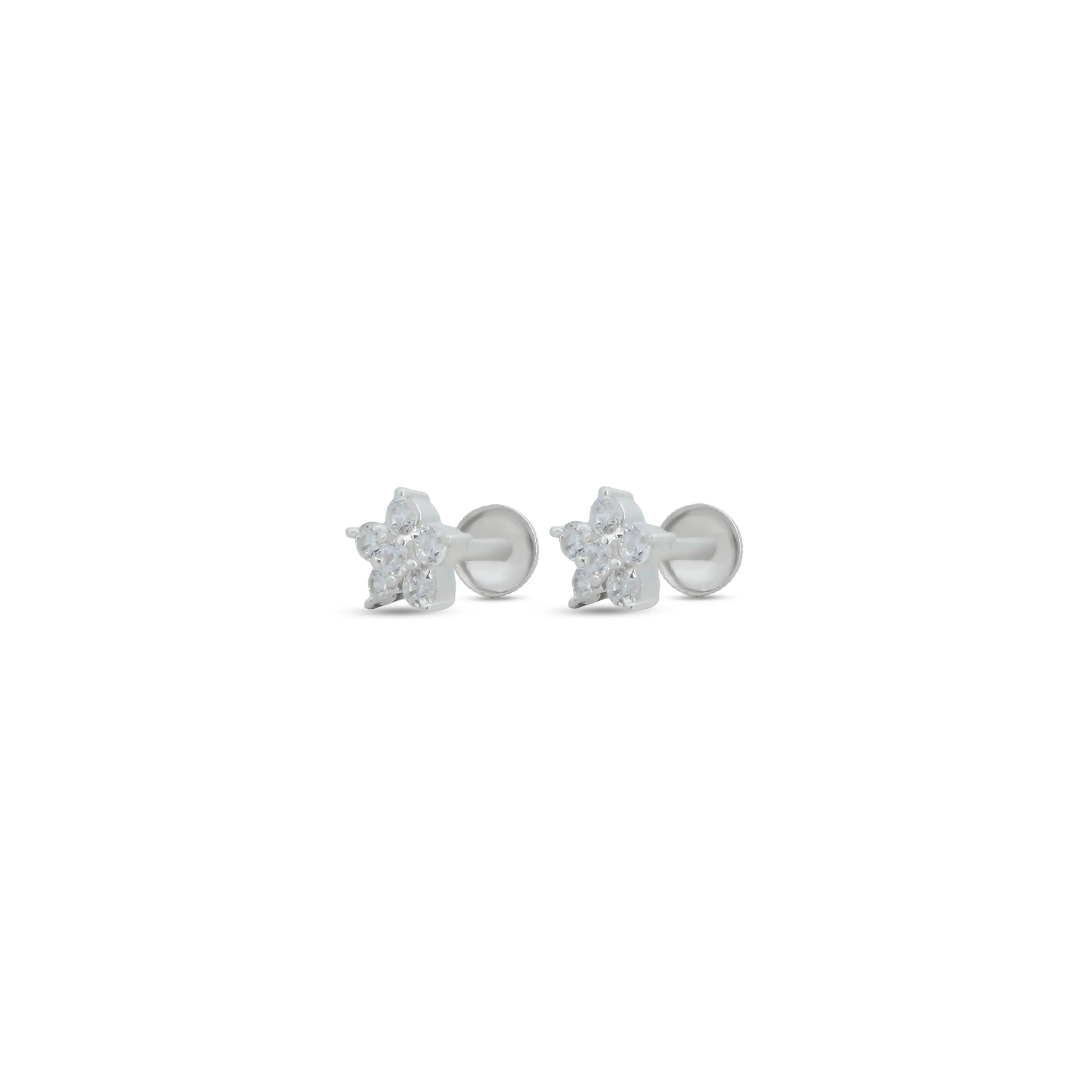 Flower Design White Stone Silver Earrings