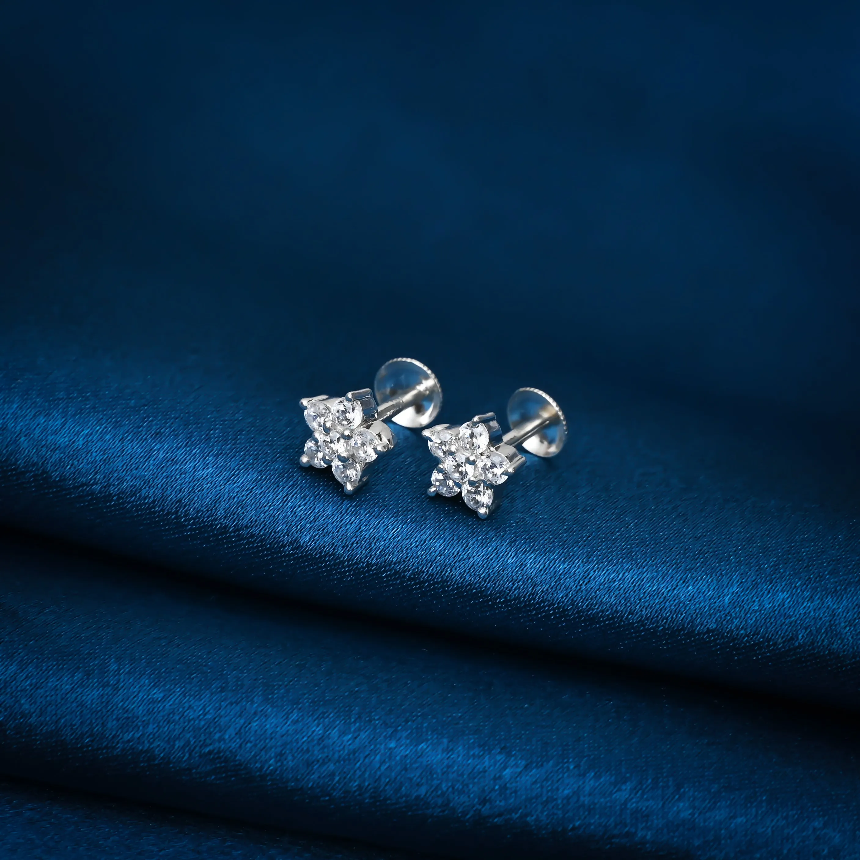 Flower Design White Stone Silver Earrings
