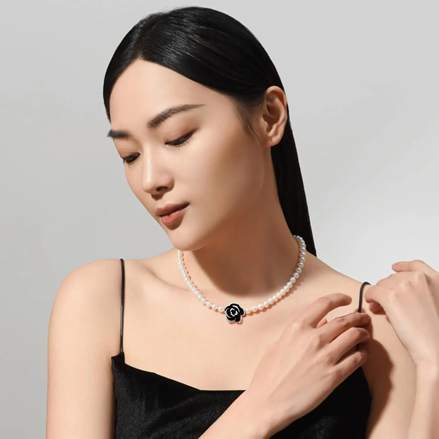 Flower Shell Pearl Choker Necklace Set Black Rose 14K Gold Plated Necklace and Earrings for Women Dainty Handmade Jewelry