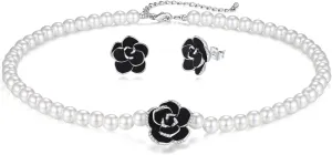 Flower Shell Pearl Choker Necklace Set Black Rose 14K Gold Plated Necklace and Earrings for Women Dainty Handmade Jewelry