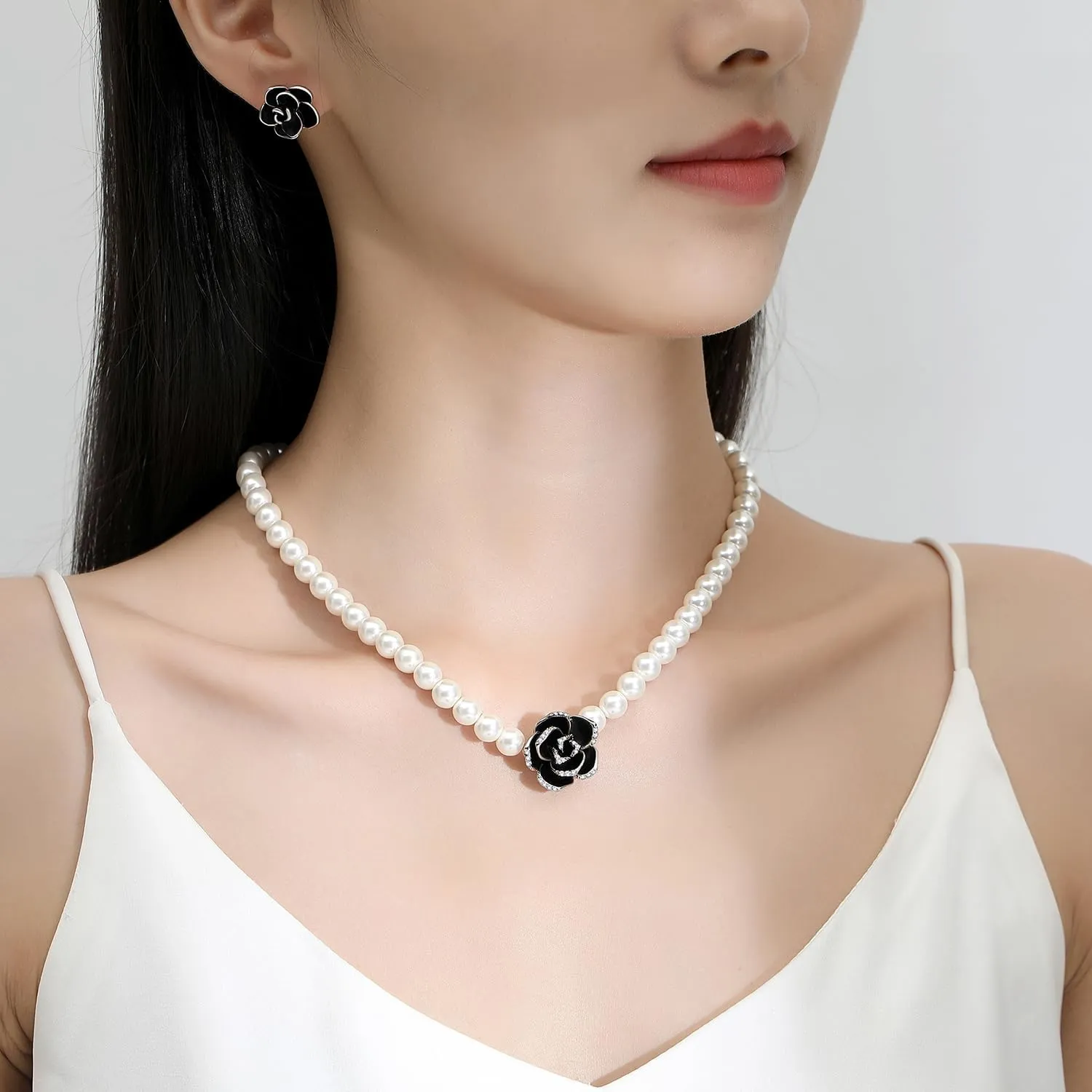 Flower Shell Pearl Choker Necklace Set Black Rose 14K Gold Plated Necklace and Earrings for Women Dainty Handmade Jewelry