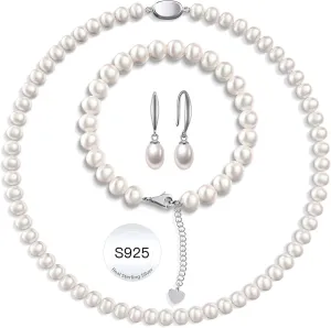 Freshwater Pearl Necklaces Set for Women Includes White Silver Pearl Bracelet and Pearl Diamond Stud Earrings Jewelry Set for Women Men Mother Wife Girlfriend Birthday Wedding Christmas Gifts