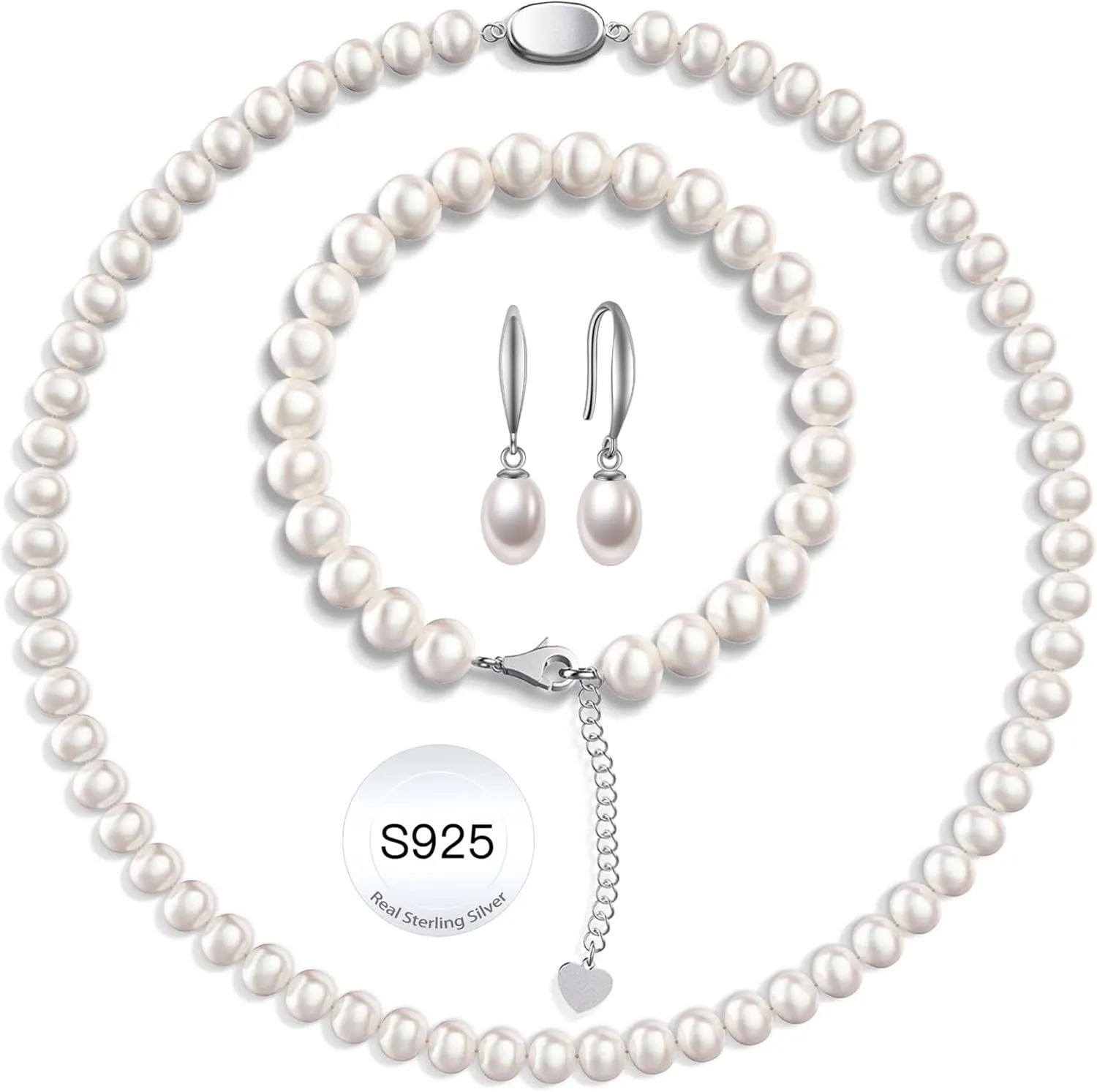 Freshwater Pearl Necklaces Set for Women Includes White Silver Pearl Bracelet and Pearl Diamond Stud Earrings Jewelry Set for Women Men Mother Wife Girlfriend Birthday Wedding Christmas Gifts