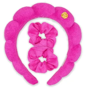 FROG SAC Puffy Spa Headband and Wristbands for Face Washing, Hot Pink Make Up Skincare Head Band for Women, Terry Cloth Spiral Bubble Makeup Skin Care Hair Bands for Girls (Abbie Rose Collab)