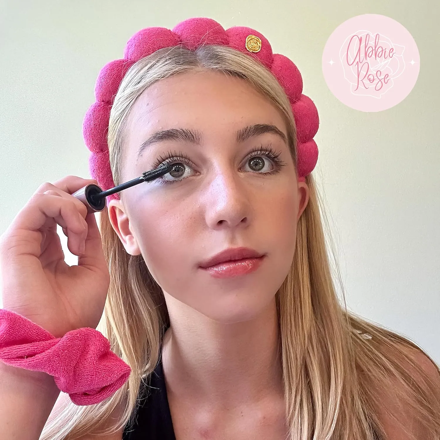 FROG SAC Puffy Spa Headband and Wristbands for Face Washing, Hot Pink Make Up Skincare Head Band for Women, Terry Cloth Spiral Bubble Makeup Skin Care Hair Bands for Girls (Abbie Rose Collab)