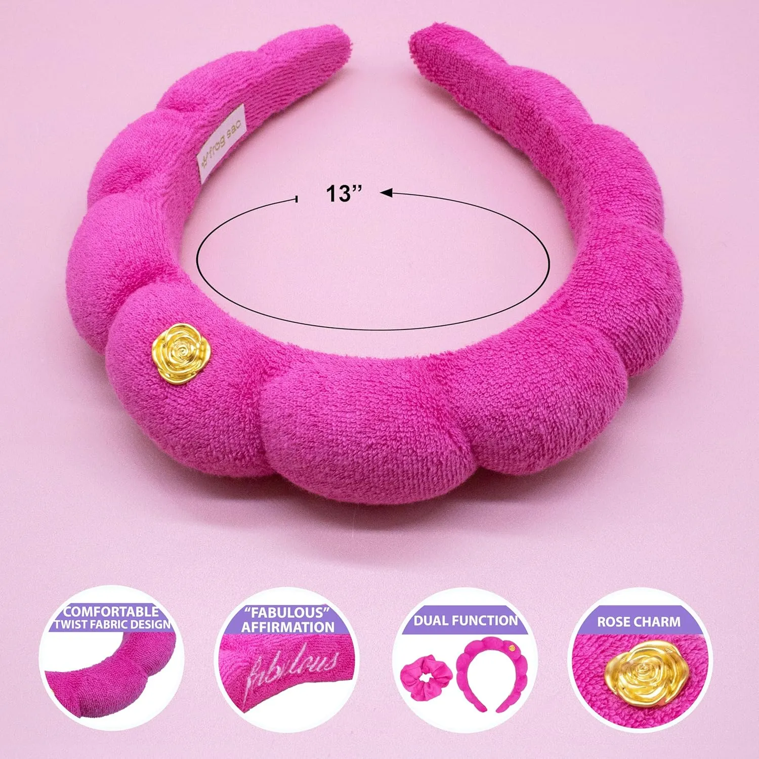 FROG SAC Puffy Spa Headband and Wristbands for Face Washing, Hot Pink Make Up Skincare Head Band for Women, Terry Cloth Spiral Bubble Makeup Skin Care Hair Bands for Girls (Abbie Rose Collab)