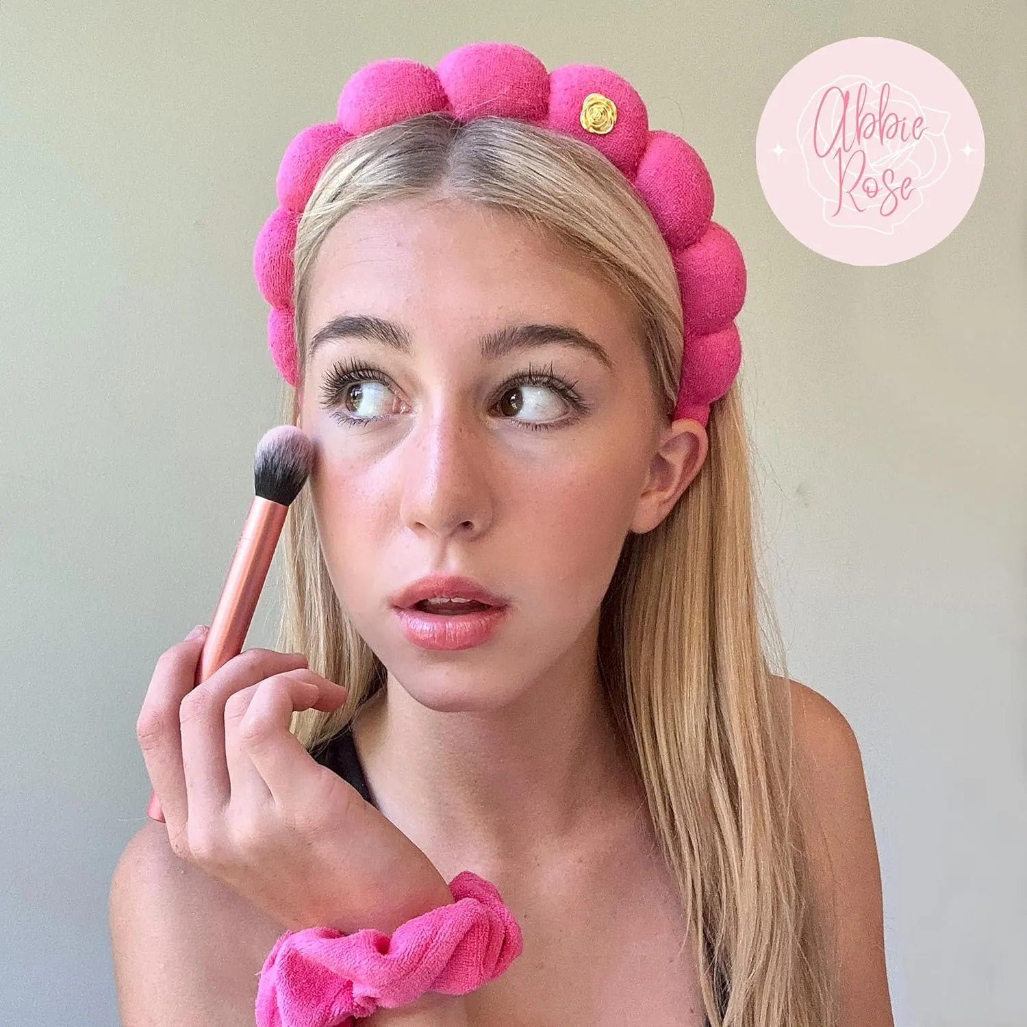FROG SAC Puffy Spa Headband and Wristbands for Face Washing, Hot Pink Make Up Skincare Head Band for Women, Terry Cloth Spiral Bubble Makeup Skin Care Hair Bands for Girls (Abbie Rose Collab)