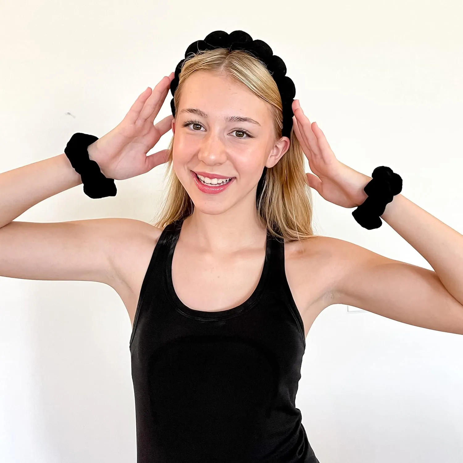 FROG SAC Puffy Spa Headband and Wristbands for Face Washing, Skincare Headbands for Women, Terry Cloth Makeup Skin Care Headbands for Girls, Bubble Make Up Hair Accessories (Black)