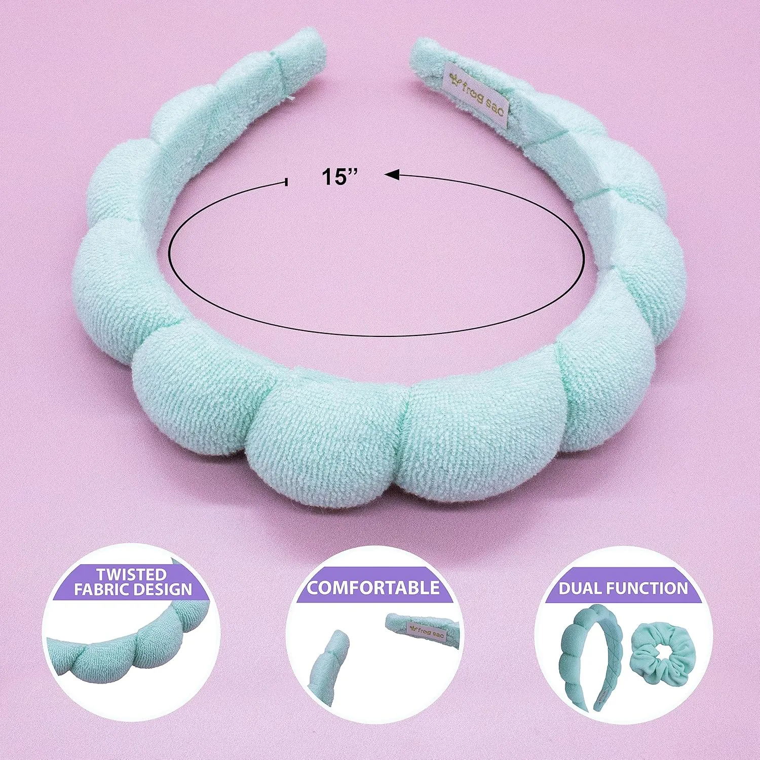 FROG SAC Puffy Spa Headband and Wristbands for Face Washing, Skincare Headbands for Women, Terry Cloth Makeup Skin Care Headbands for Girls, Bubble Make Up Hair Accessories (Mint)