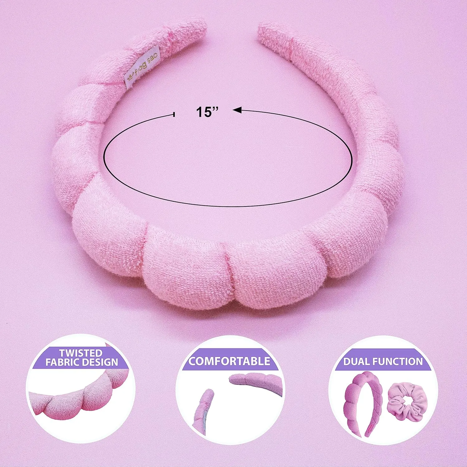 FROG SAC Puffy Spa Headband and Wristbands for Face Washing, Skincare Headbands for Women, Terry Cloth Makeup Skin Care Headbands for Girls, Bubble Make Up Hair Accessories (Pink)