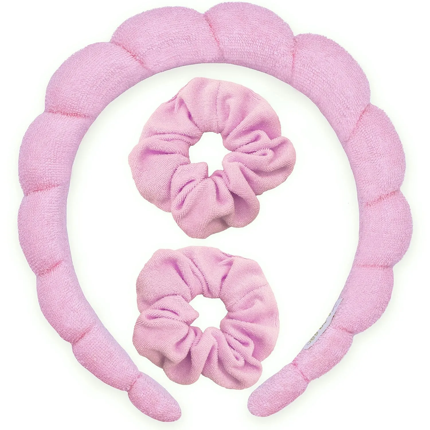 FROG SAC Puffy Spa Headband and Wristbands for Face Washing, Skincare Headbands for Women, Terry Cloth Makeup Skin Care Headbands for Girls, Bubble Make Up Hair Accessories (Pink)