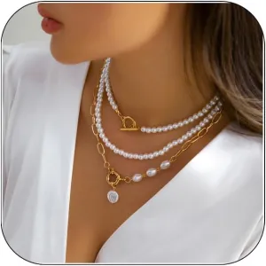 FUTIMELY Layered Pearl Necklaces for Women Girls,Dainty 14K Gold Plated Handmade Freshwater Baroque Pearl Paperclip Chain Choke Necklace Preppy Fashion Jewelry