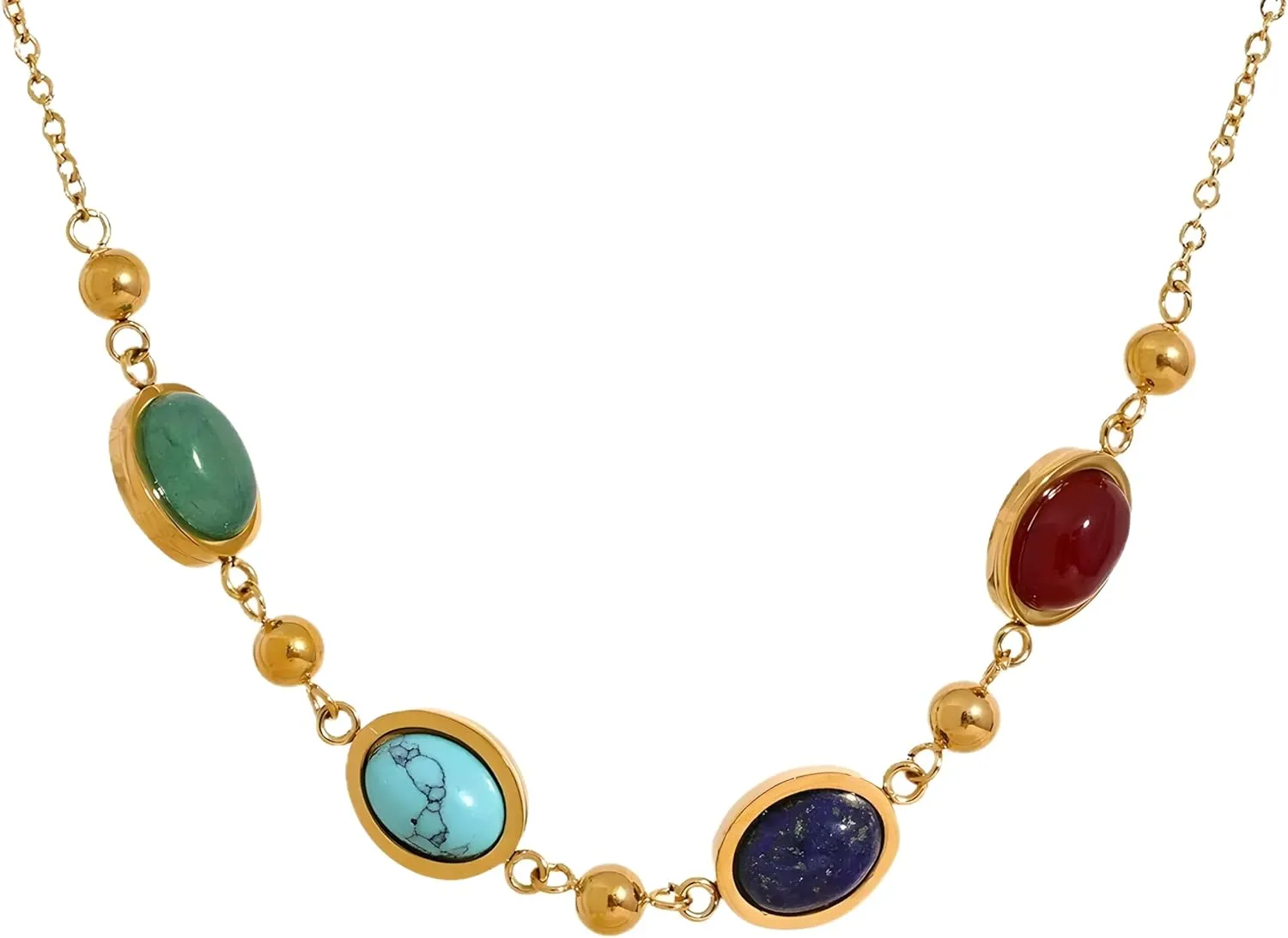 Gemstone Necklaces Stainless Steel Stone Chain Collar Necklace Long Dangle Earrings Jewelry for Women Charm Gift-A51