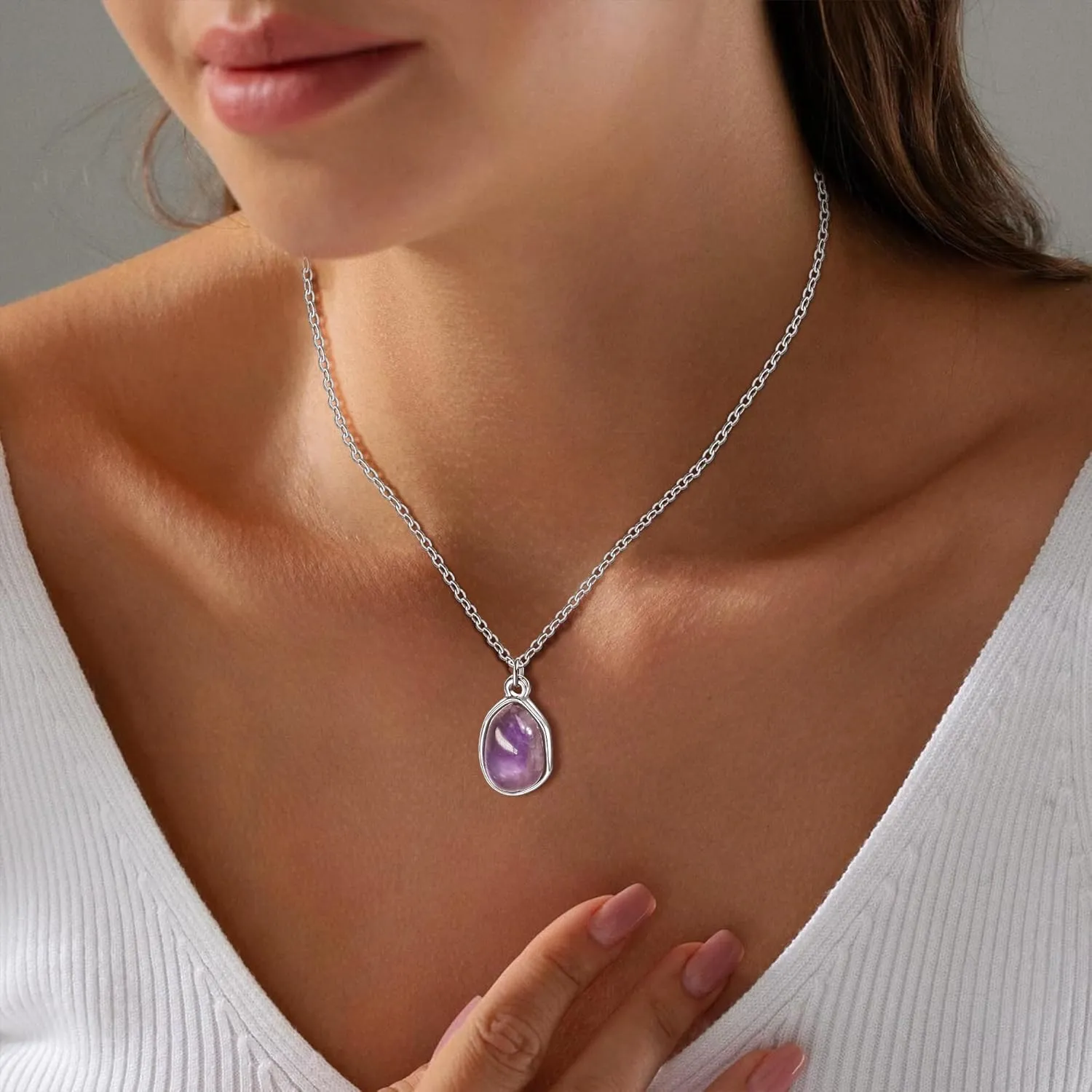 Gemstone Pendant Necklace, Crystal Necklace Teardrop Pendant Necklace Stone Bezel Pendant Necklace Stainless Steel Adjustable Length 16   2 inch Jewelry Gifts for Women