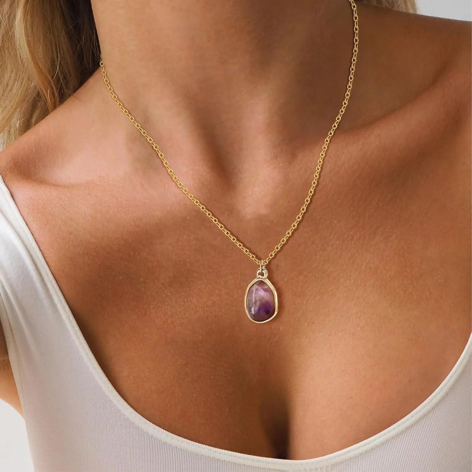 Gemstone Pendant Necklace, Crystal Necklace Teardrop Pendant Necklace Stone Bezel Pendant Necklace Stainless Steel Adjustable Length 16   2 inch Jewelry Gifts for Women