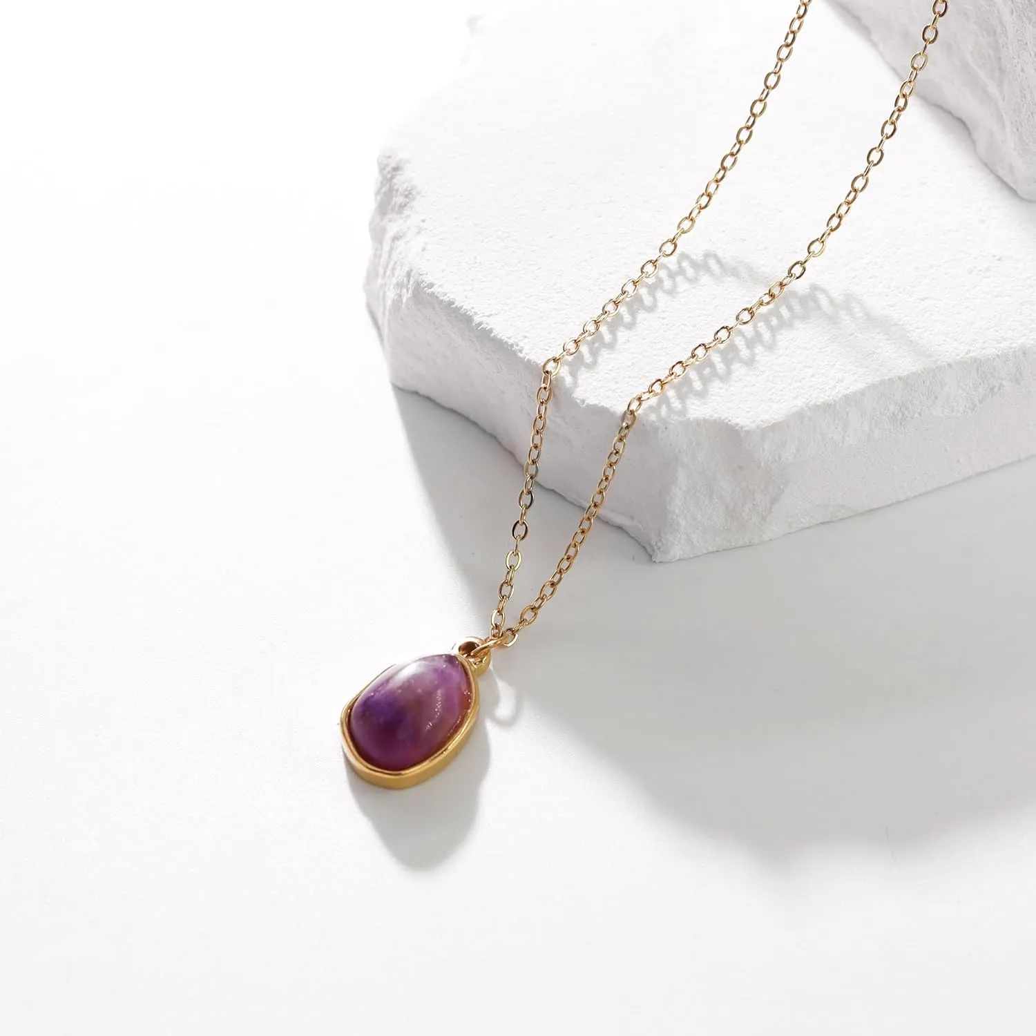 Gemstone Pendant Necklace, Crystal Necklace Teardrop Pendant Necklace Stone Bezel Pendant Necklace Stainless Steel Adjustable Length 16   2 inch Jewelry Gifts for Women