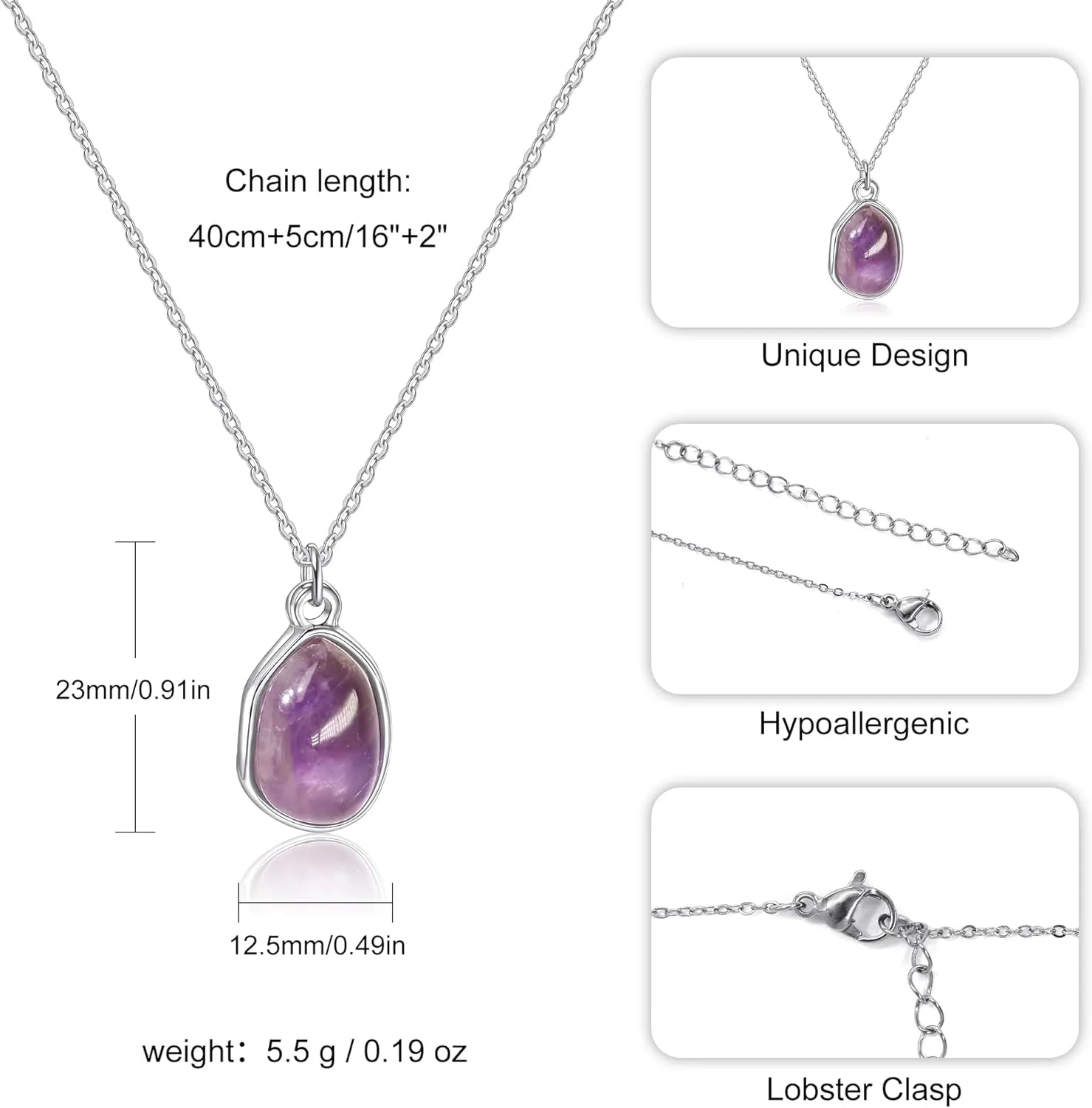 Gemstone Pendant Necklace, Crystal Necklace Teardrop Pendant Necklace Stone Bezel Pendant Necklace Stainless Steel Adjustable Length 16   2 inch Jewelry Gifts for Women