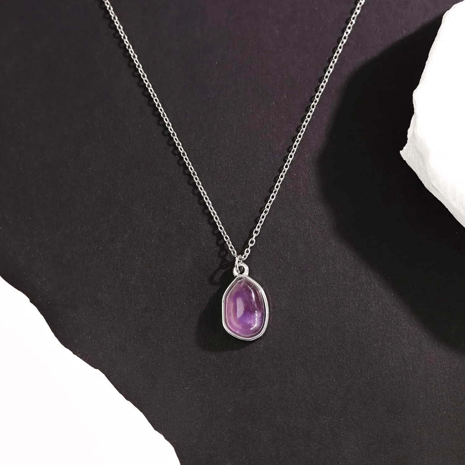 Gemstone Pendant Necklace, Crystal Necklace Teardrop Pendant Necklace Stone Bezel Pendant Necklace Stainless Steel Adjustable Length 16   2 inch Jewelry Gifts for Women