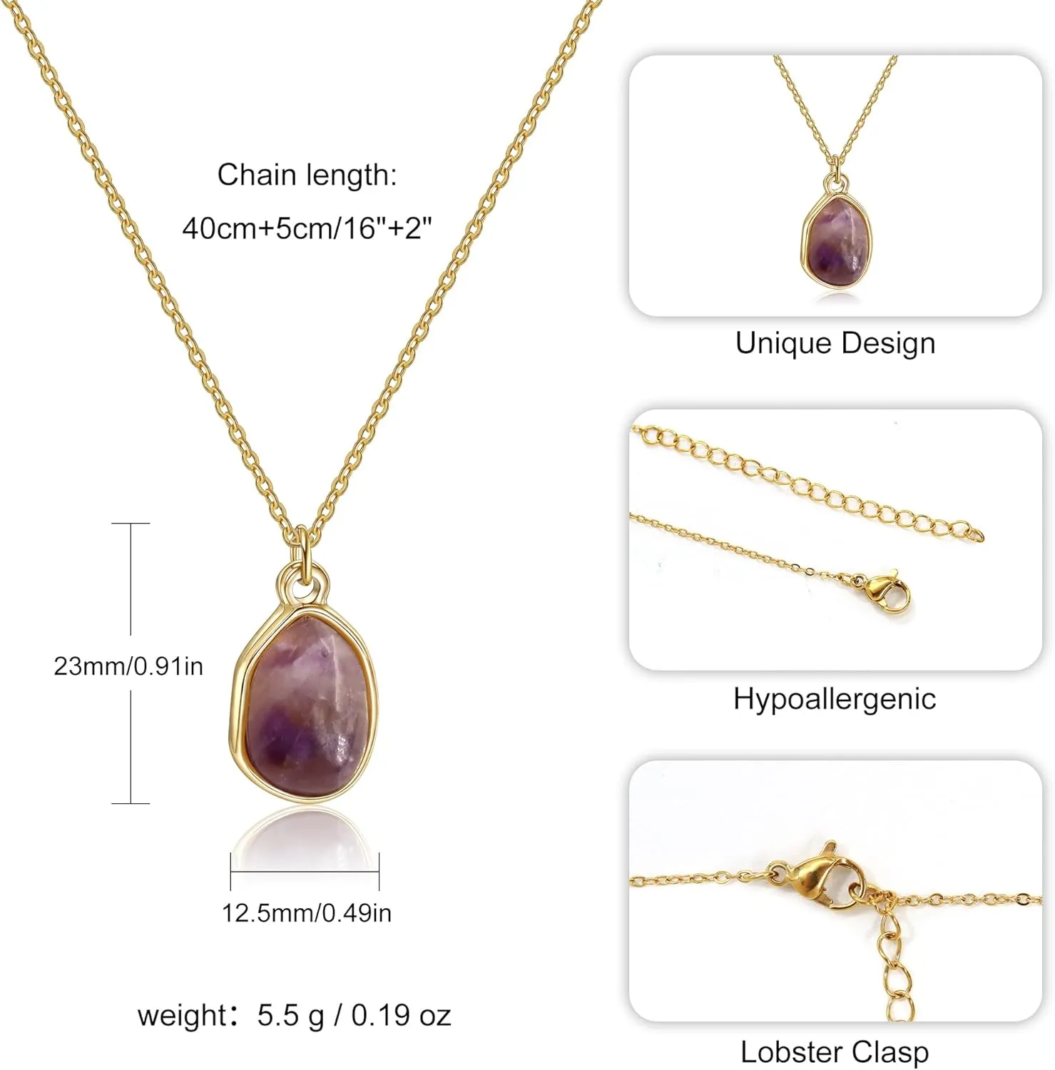 Gemstone Pendant Necklace, Crystal Necklace Teardrop Pendant Necklace Stone Bezel Pendant Necklace Stainless Steel Adjustable Length 16   2 inch Jewelry Gifts for Women