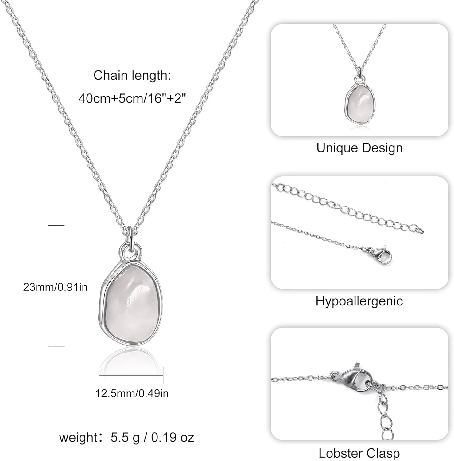 Gemstone Pendant Necklace, Crystal Necklace Teardrop Pendant Necklace Stone Bezel Pendant Necklace Stainless Steel Adjustable Length 16   2 inch Jewelry Gifts for Women