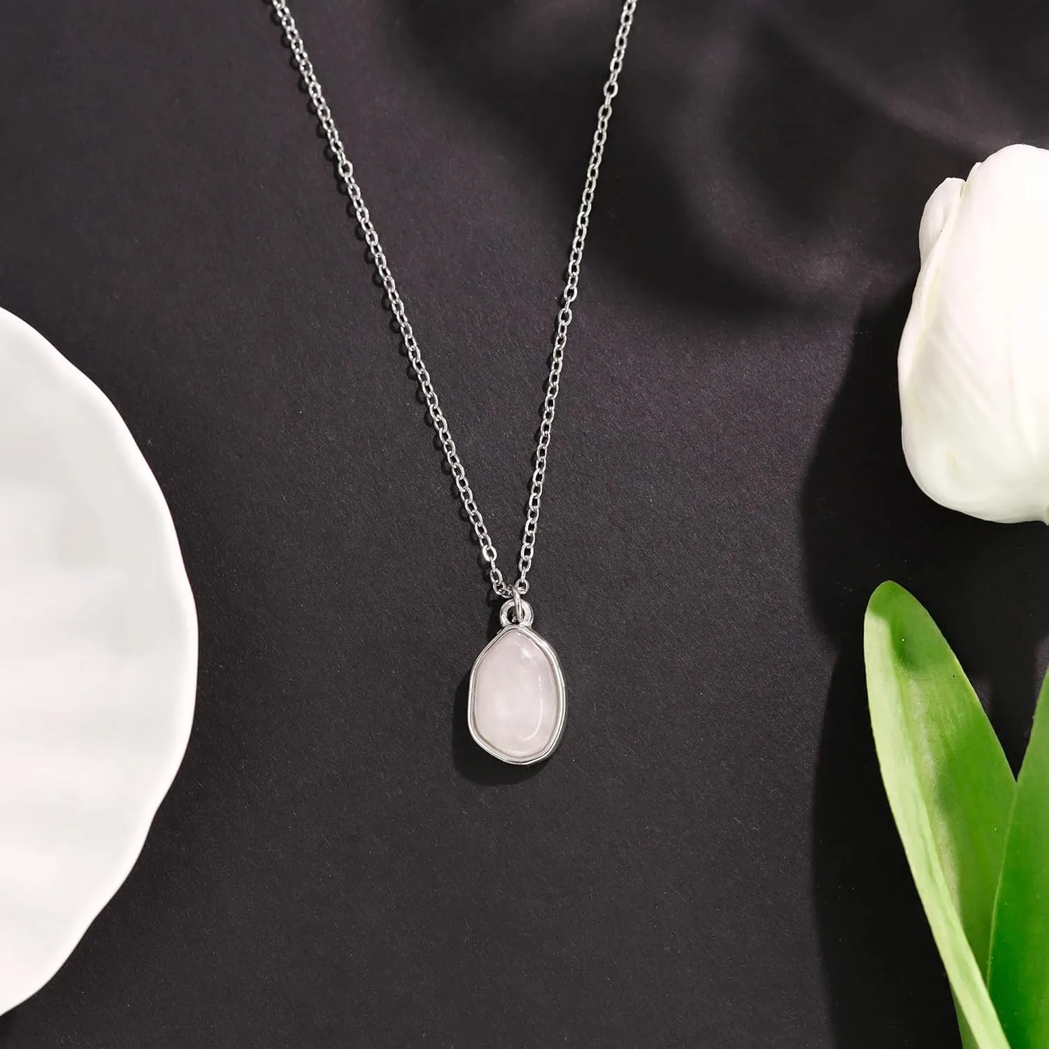 Gemstone Pendant Necklace, Crystal Necklace Teardrop Pendant Necklace Stone Bezel Pendant Necklace Stainless Steel Adjustable Length 16   2 inch Jewelry Gifts for Women