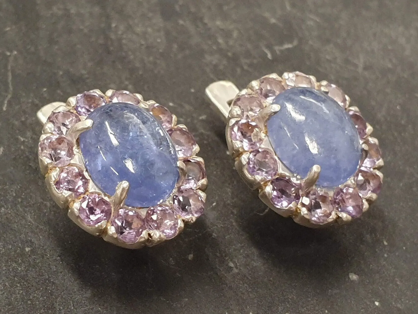 Genuine Tanzanite Earrings - Blue Flower Earrings - Large Floral Studs