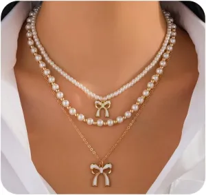 Gold Bow Necklaces for Women Layered Stackable Pearl Ribbon Pendant Necklaces Aesthetic Pearl Beaded Choker Necklace Trendy Birthday Jewelry Gifts