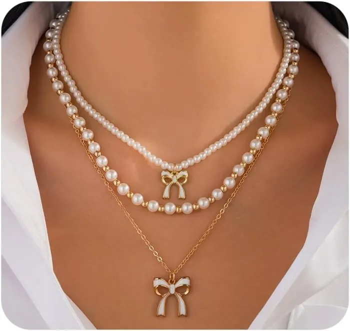Gold Bow Necklaces for Women Layered Stackable Pearl Ribbon Pendant Necklaces Aesthetic Pearl Beaded Choker Necklace Trendy Birthday Jewelry Gifts