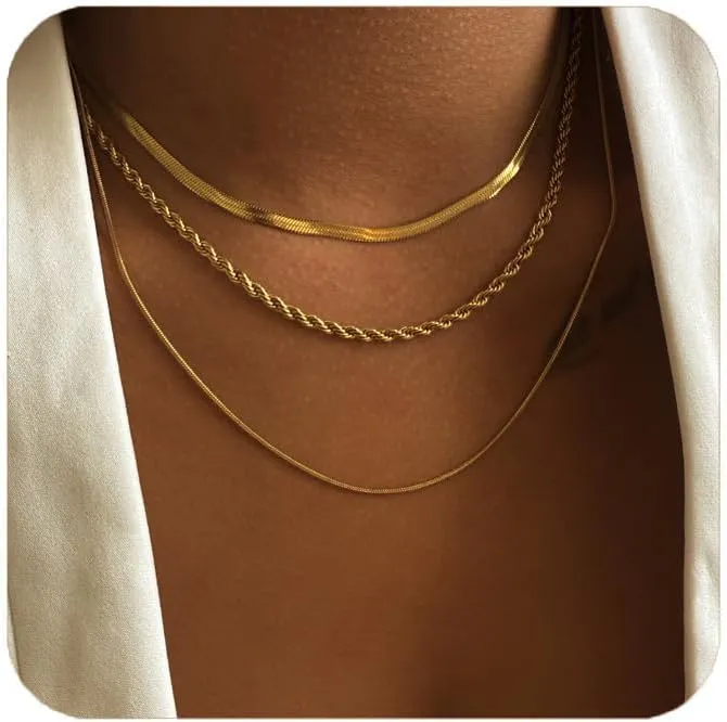 Gold Necklaces for Women, Dainty Herringbone Choker Necklace for Women 18K Gold Layered Chunky Snake Chain Necklaces Jewelry Gifts