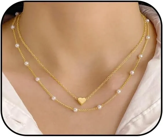 Gold Pearl Necklace for Women 14K Gold Layered Pearl Necklace Dainty Elegant Pearl Thin Chain Necklace for Women Prom Jewelry