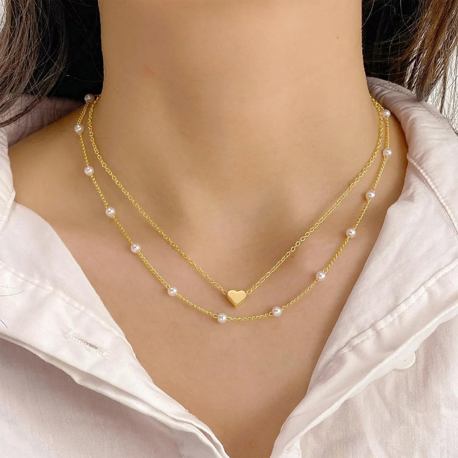 Gold Pearl Necklace for Women 14K Gold Layered Pearl Necklace Dainty Elegant Pearl Thin Chain Necklace for Women Prom Jewelry