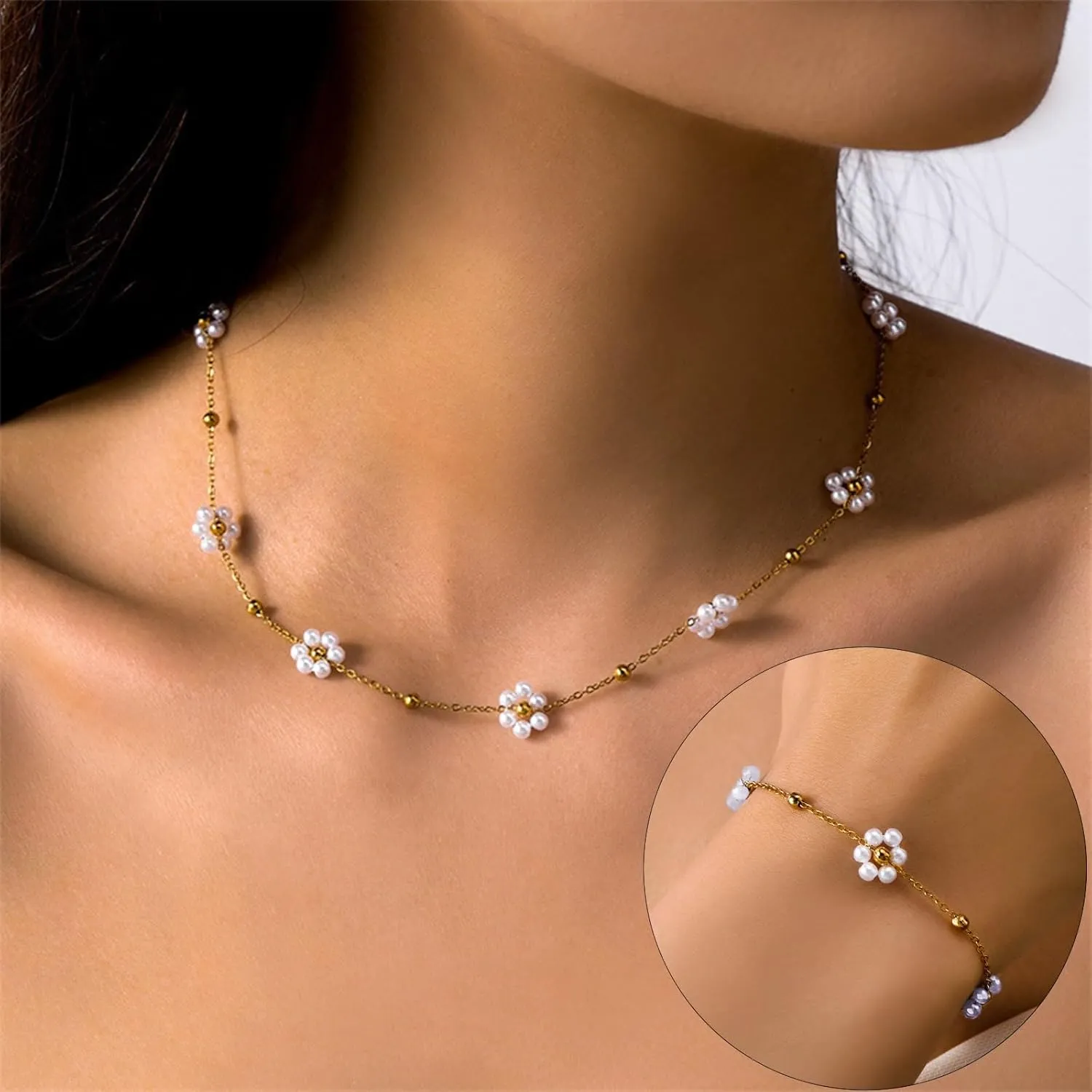 Gold Pearl Necklaces for Women Pearl Necklace Bracelet Set Dainty Daisy Pearl Necklace Bracelets Stack Necklace Bracelets Flower Choker Necklace Christmas Pearl Necklaces Bracelet Jewelry