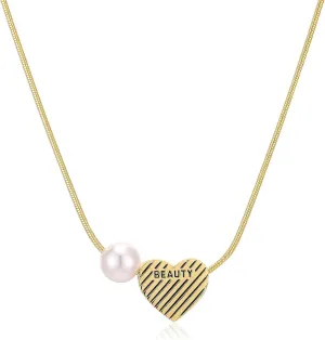 Gold Pendant Necklace for Women, Dainty Vintage 14K Gold Plated Heart Pearl Opal Necklaces Jewelry for Her
