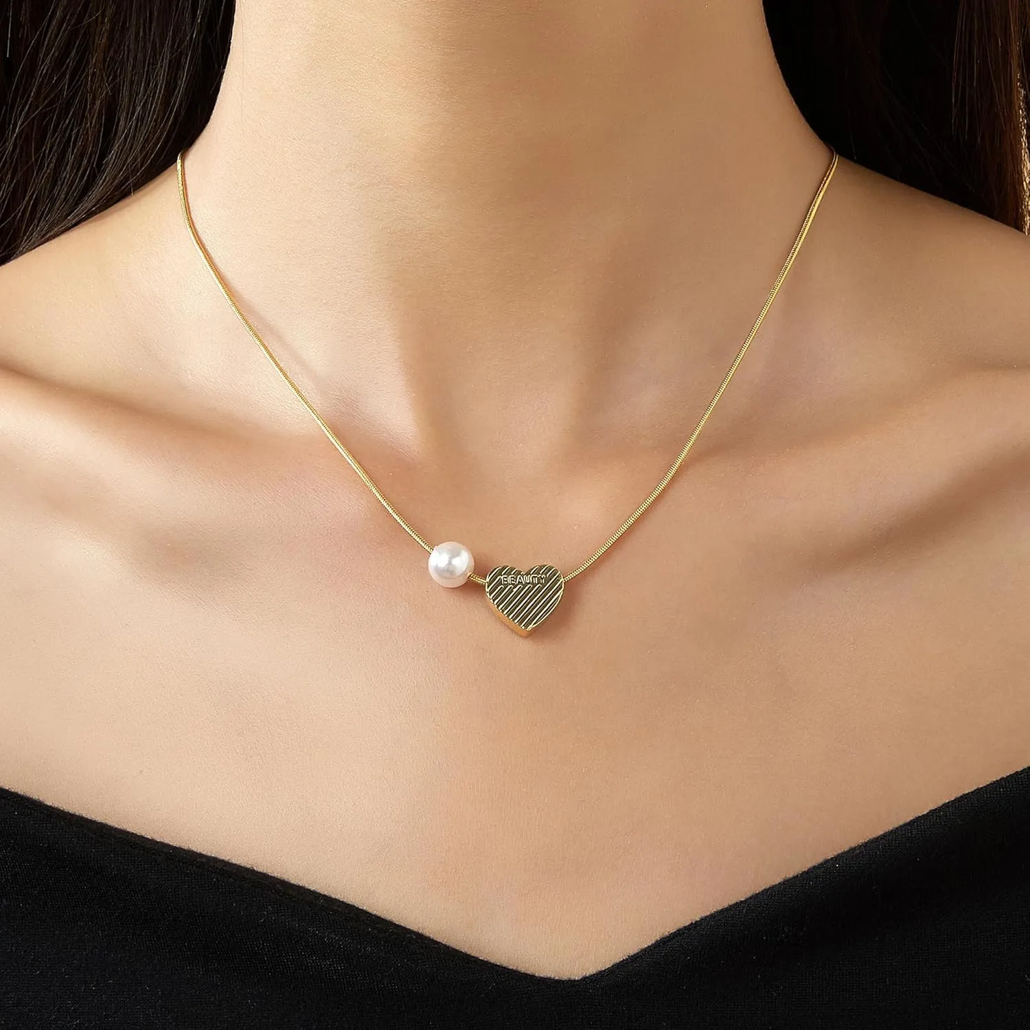 Gold Pendant Necklace for Women, Dainty Vintage 14K Gold Plated Heart Pearl Opal Necklaces Jewelry for Her