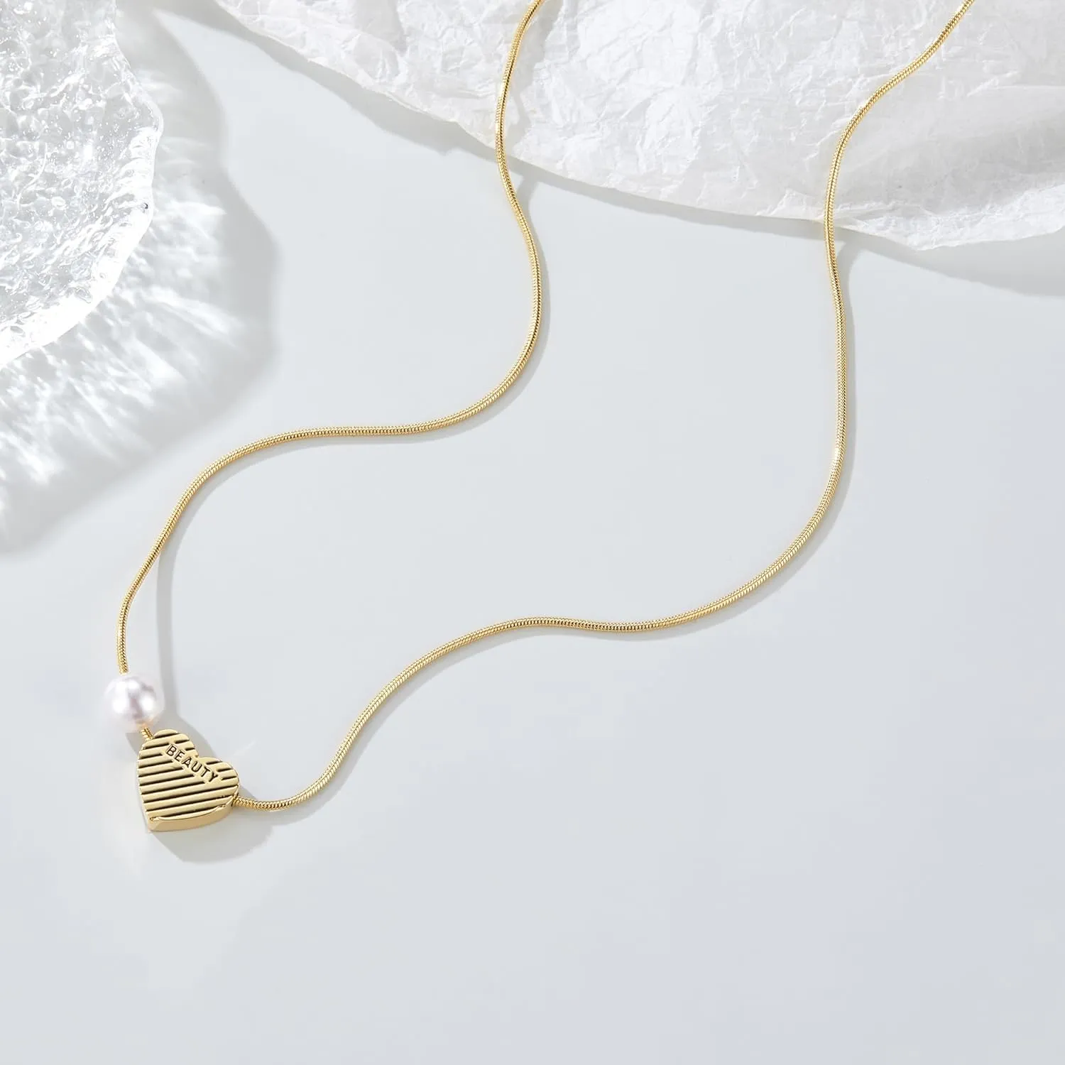 Gold Pendant Necklace for Women, Dainty Vintage 14K Gold Plated Heart Pearl Opal Necklaces Jewelry for Her