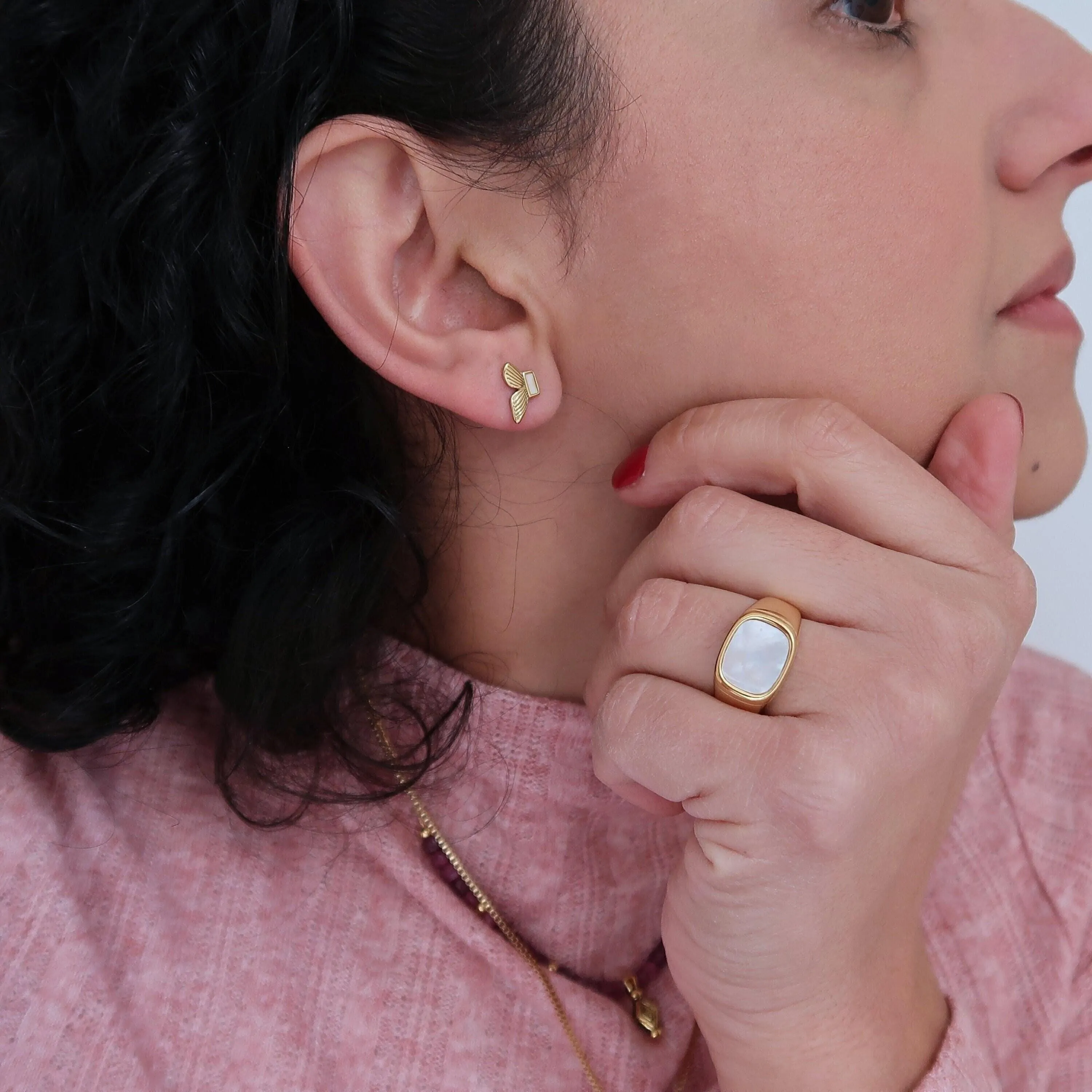 Gold Stainless Steel Butterfly Stud Earrings with White Shell