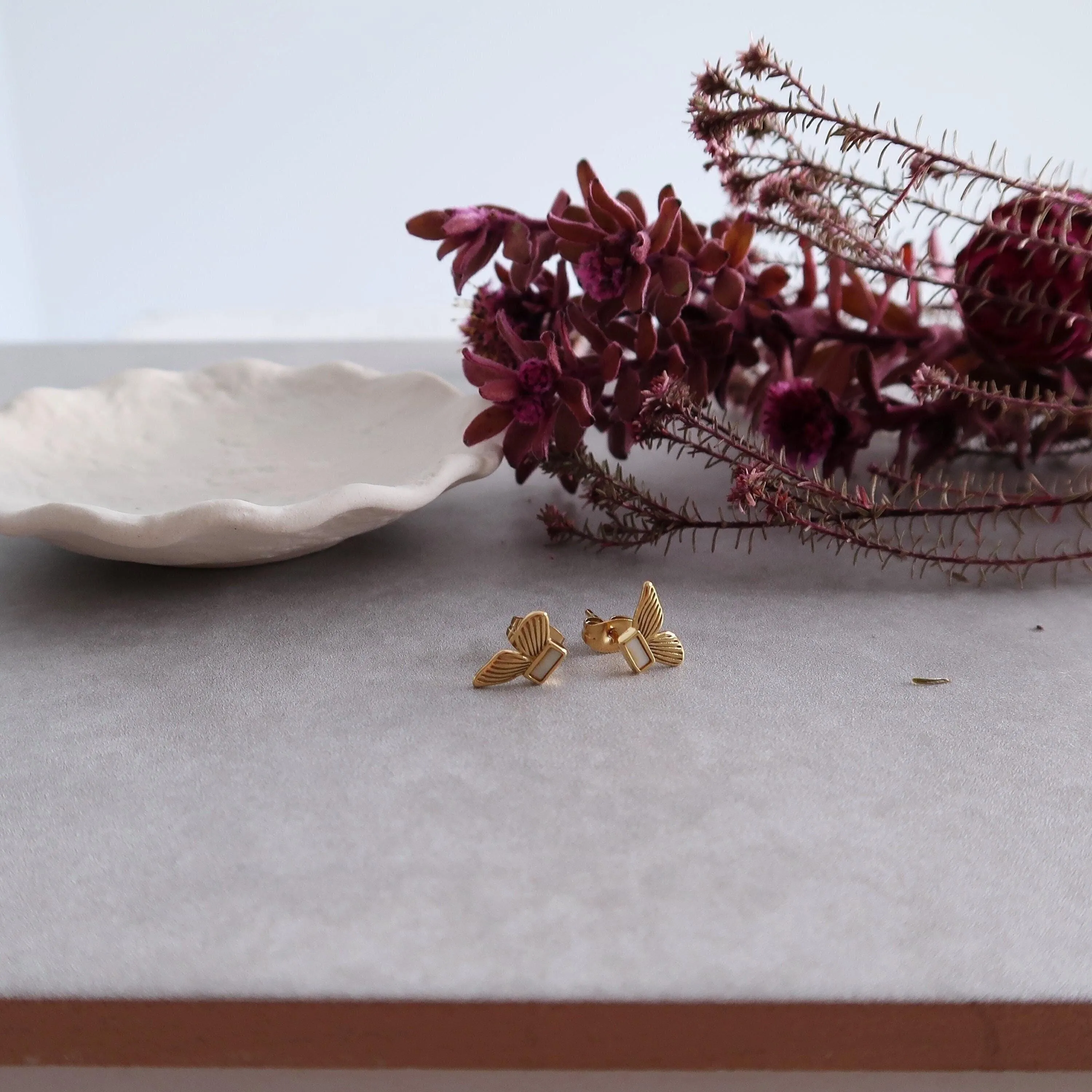 Gold Stainless Steel Butterfly Stud Earrings with White Shell