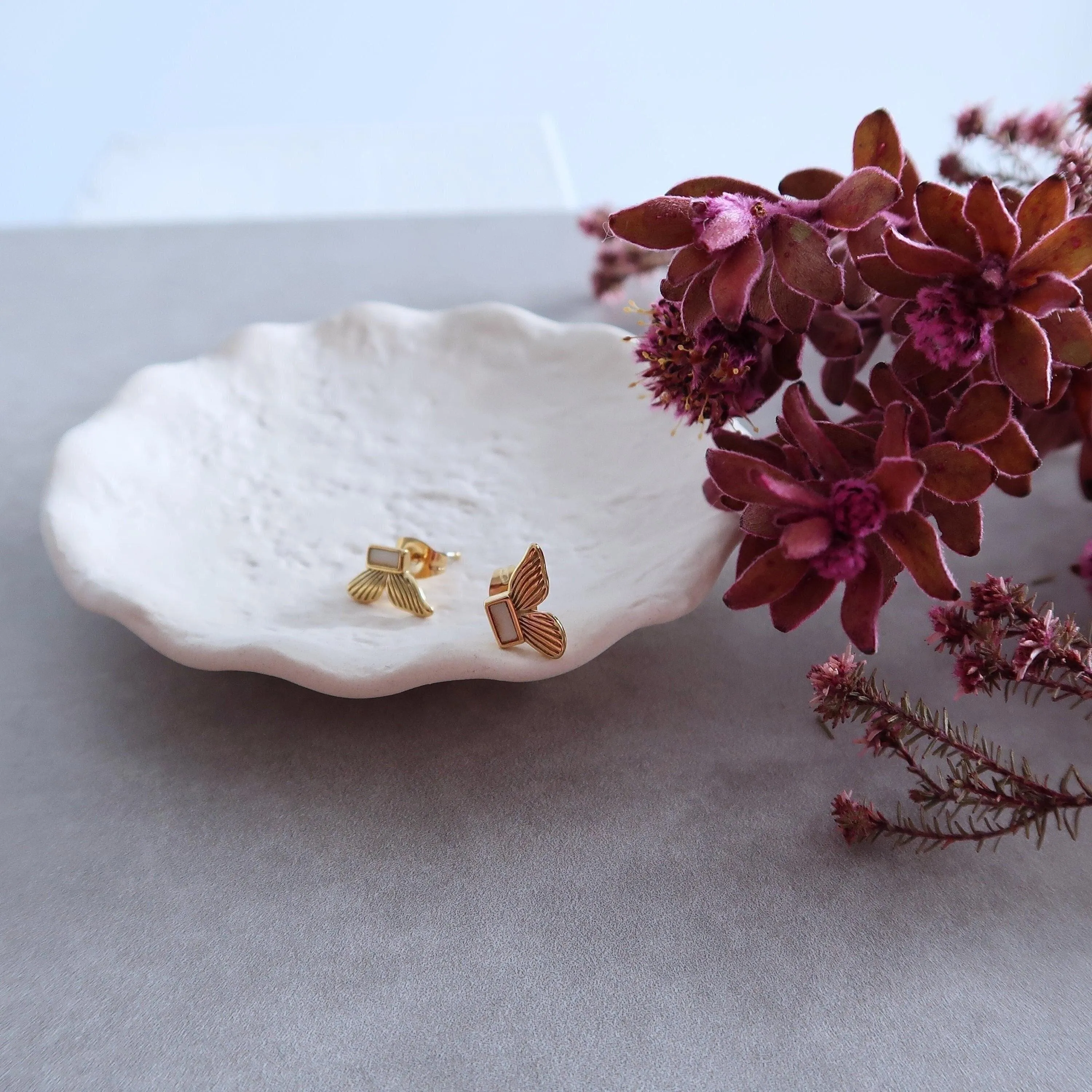 Gold Stainless Steel Butterfly Stud Earrings with White Shell