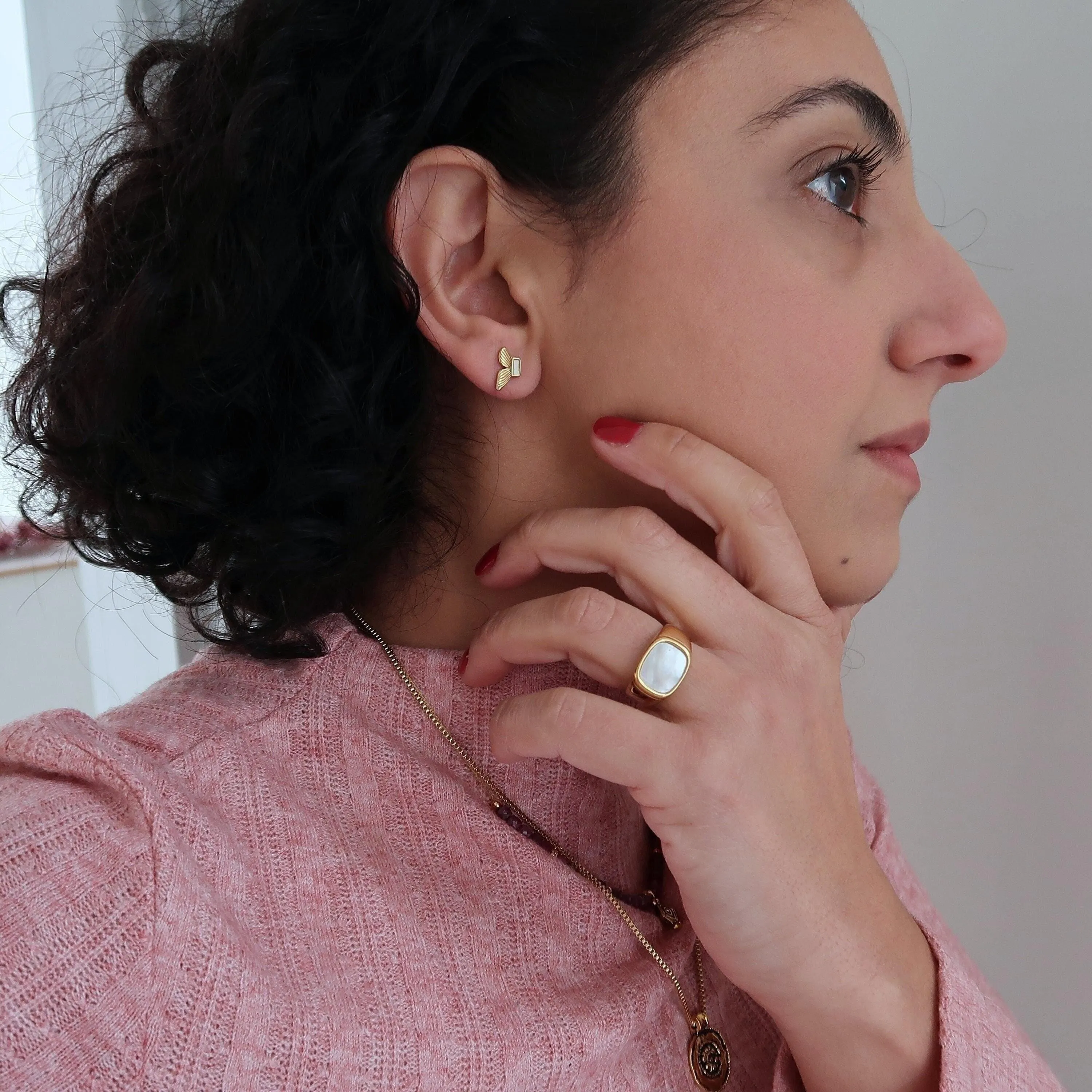 Gold Stainless Steel Butterfly Stud Earrings with White Shell