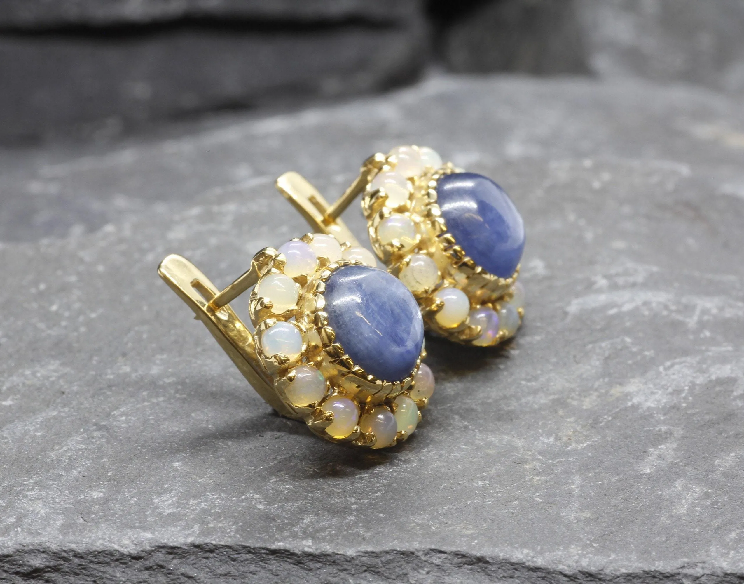 Gold Victorian Earrings - Natural Kyanite Earrings, Fire Opal Earrings